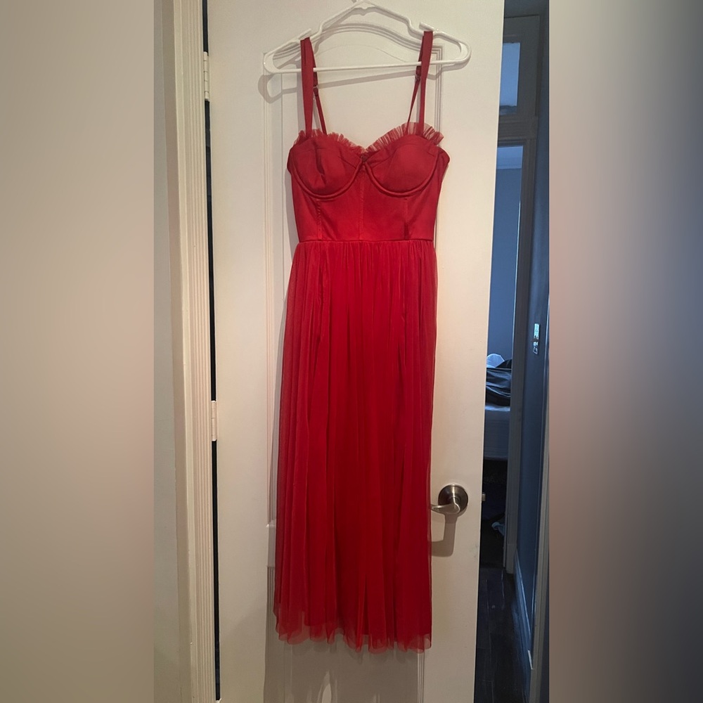 Striking Red Midi Dress with Delicate Lace Details